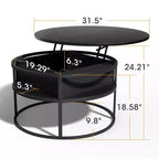 Table basse avec plateau relevable et rangement caché, table centrale ronde pour salon