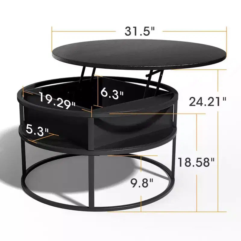 Table basse avec plateau relevable et rangement caché, table centrale ronde pour salon