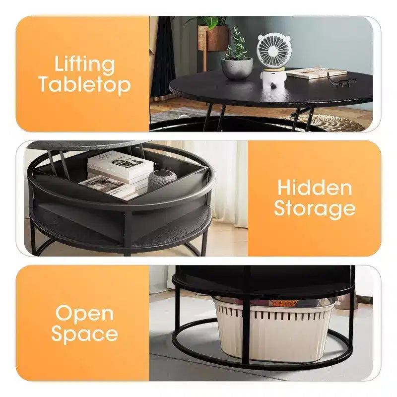 Table basse avec plateau relevable et rangement caché, table centrale ronde pour salon