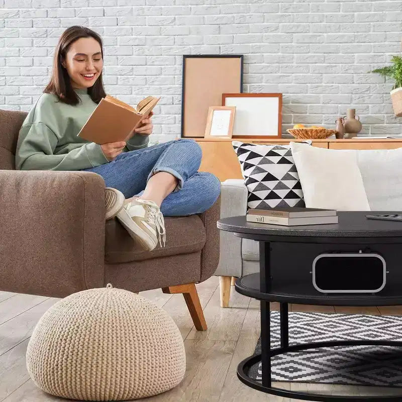 Table basse avec plateau relevable et rangement caché, table centrale ronde pour salon