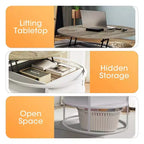 Table basse avec plateau relevable et rangement caché, table centrale ronde pour salon