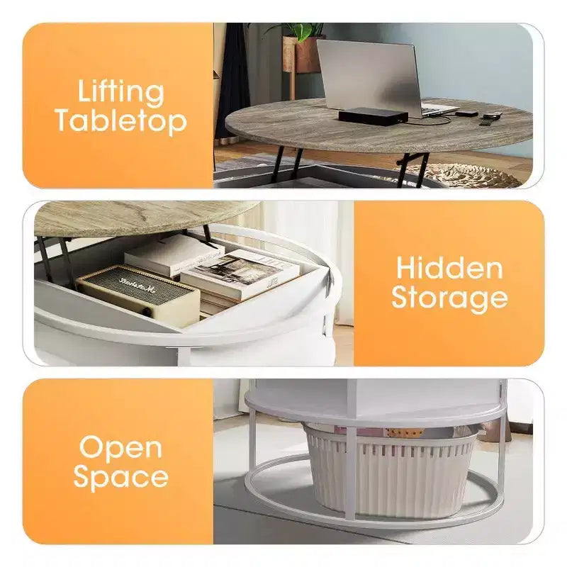 Table basse avec plateau relevable et rangement caché, table centrale ronde pour salon