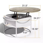 Table basse avec plateau relevable et rangement caché, table centrale ronde pour salon