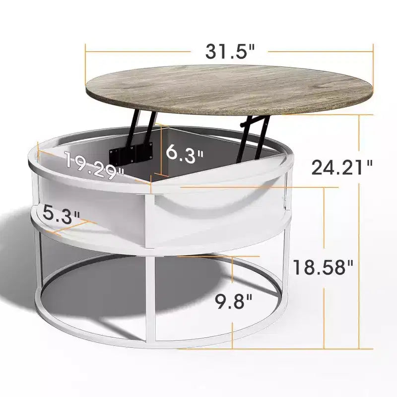 Table basse avec plateau relevable et rangement caché, table centrale ronde pour salon