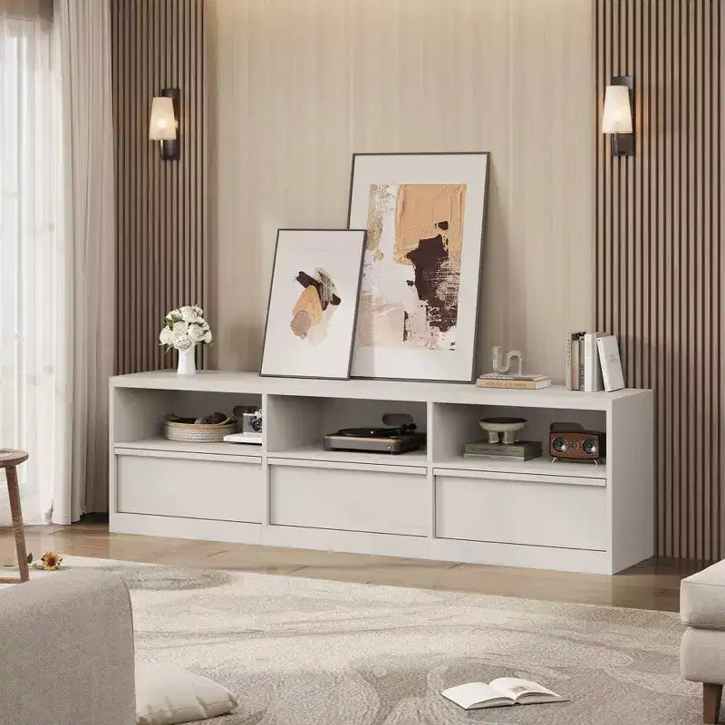 Meuble TV de 70 pouces pour téléviseurs de 80 pouces, avec tiroir de rangement moderne du milieu du siècle et étagères ouvertes, meuble console média en bois pour salon/chambre, vintage