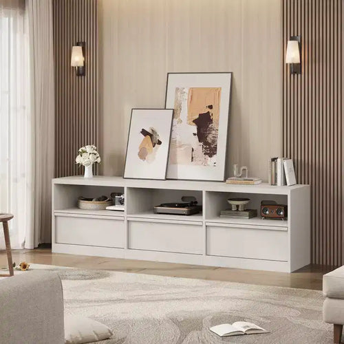 Meuble TV de 70 pouces pour téléviseurs de 80 pouces, avec tiroir de rangement moderne du milieu du siècle et étagères ouvertes, meuble console média en bois pour salon/chambre, vintage