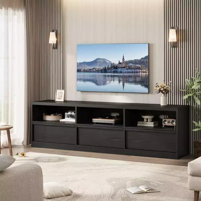 Meuble TV de 70 pouces pour téléviseurs de 80 pouces, avec tiroir de rangement moderne du milieu du siècle et étagères ouvertes, meuble console média en bois pour salon/chambre, vintage