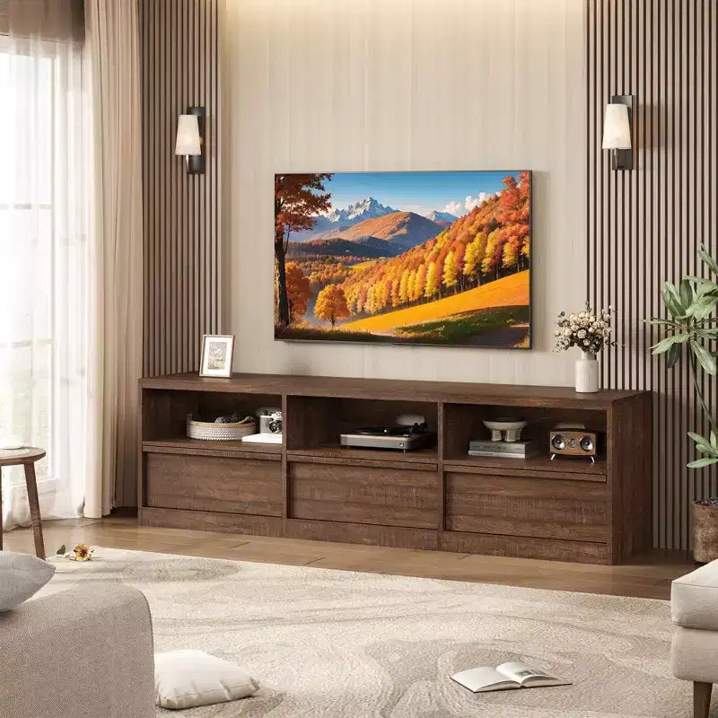 Meuble TV de 70 pouces pour téléviseurs de 80 pouces, avec tiroir de rangement moderne du milieu du siècle et étagères ouvertes, meuble console média en bois pour salon/chambre, vintage
