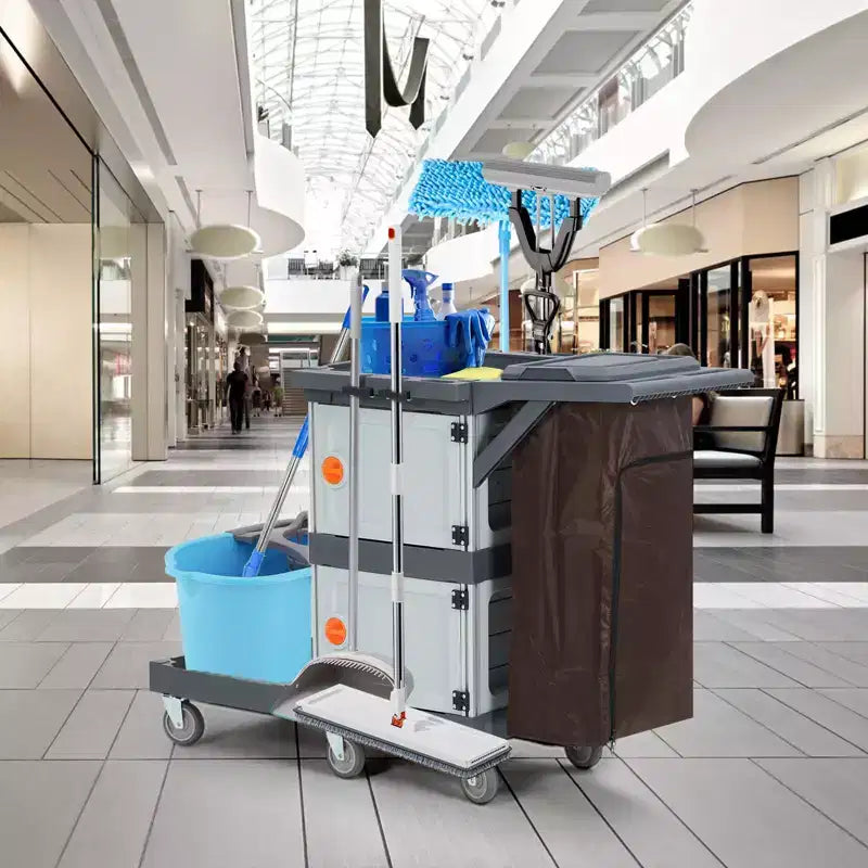 Chariot de Conciergerie Commercial, Chariot d'Entretien 3 Étagères avec Armoires de Rangement et Sac à Linge