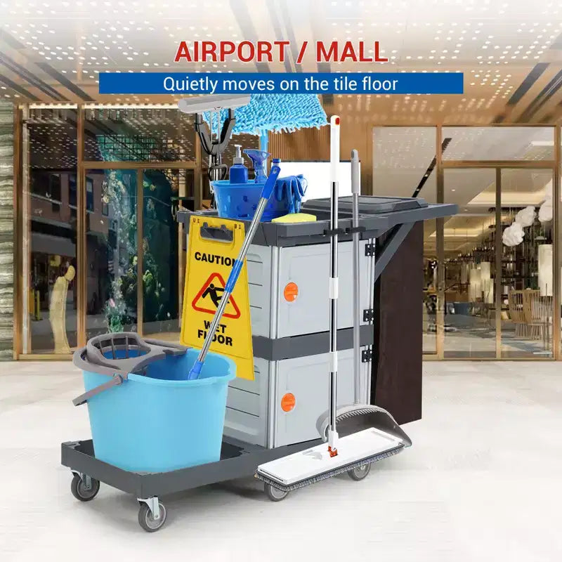 Chariot de Conciergerie Commercial, Chariot d'Entretien 3 Étagères avec Armoires de Rangement et Sac à Linge