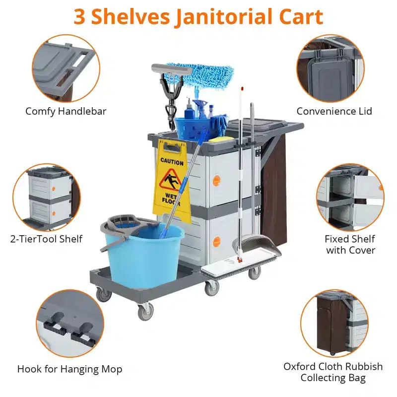 Chariot de Conciergerie Commercial, Chariot d'Entretien 3 Étagères avec Armoires de Rangement et Sac à Linge