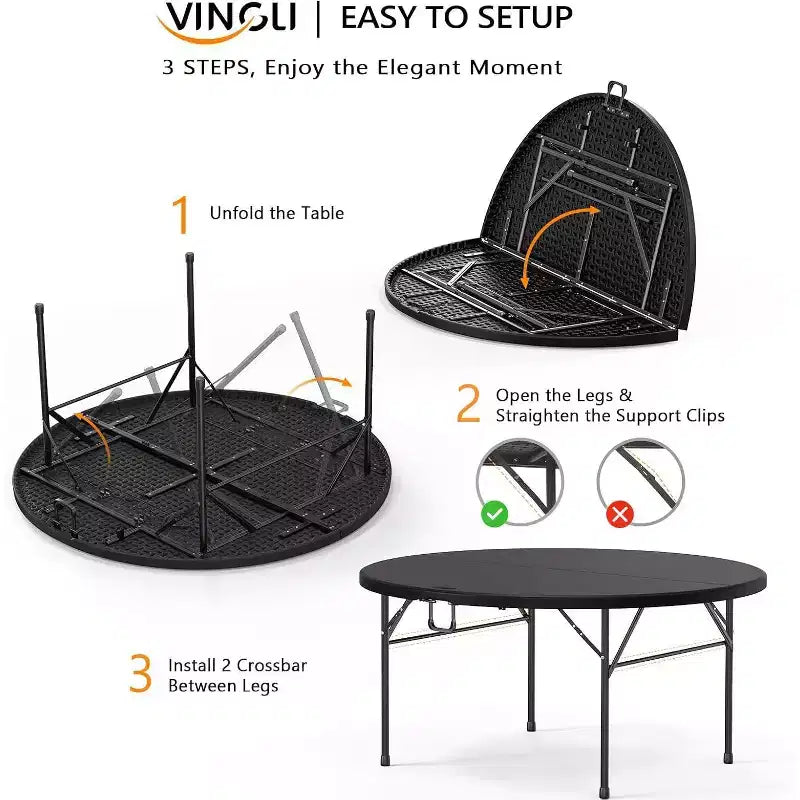 Table commerciale pliante ronde noire VINGLI 5 FT, table de jeu de cartes en plastique portable de 60 pouces pour cuisine, fête, mariage, événement, 1 pièce