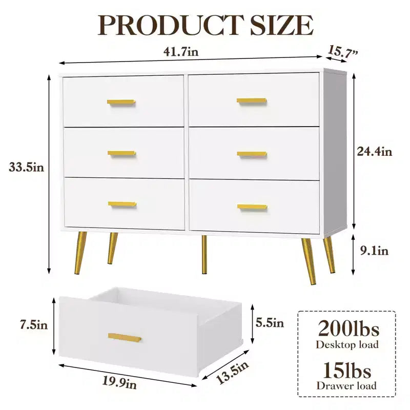 Commode à 6 tiroirs, commode de chambre en bois moderne avec tiroirs de rangement, meuble TV de style ferme pour salon, chambre, couloir, blanc