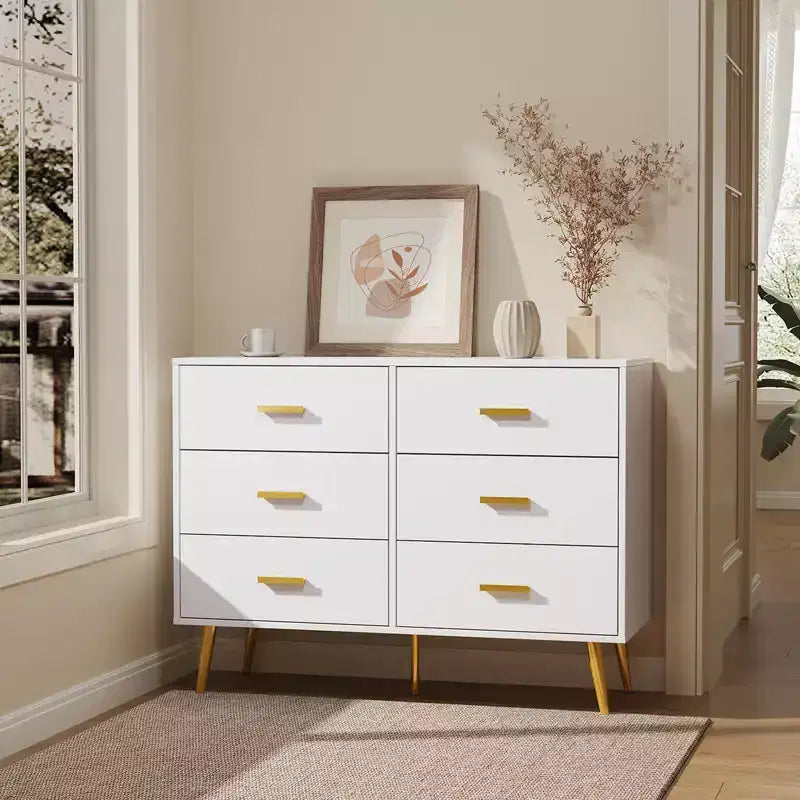 Commode à 6 tiroirs, commode de chambre en bois moderne avec tiroirs de rangement, meuble TV de style ferme pour salon, chambre, couloir, blanc