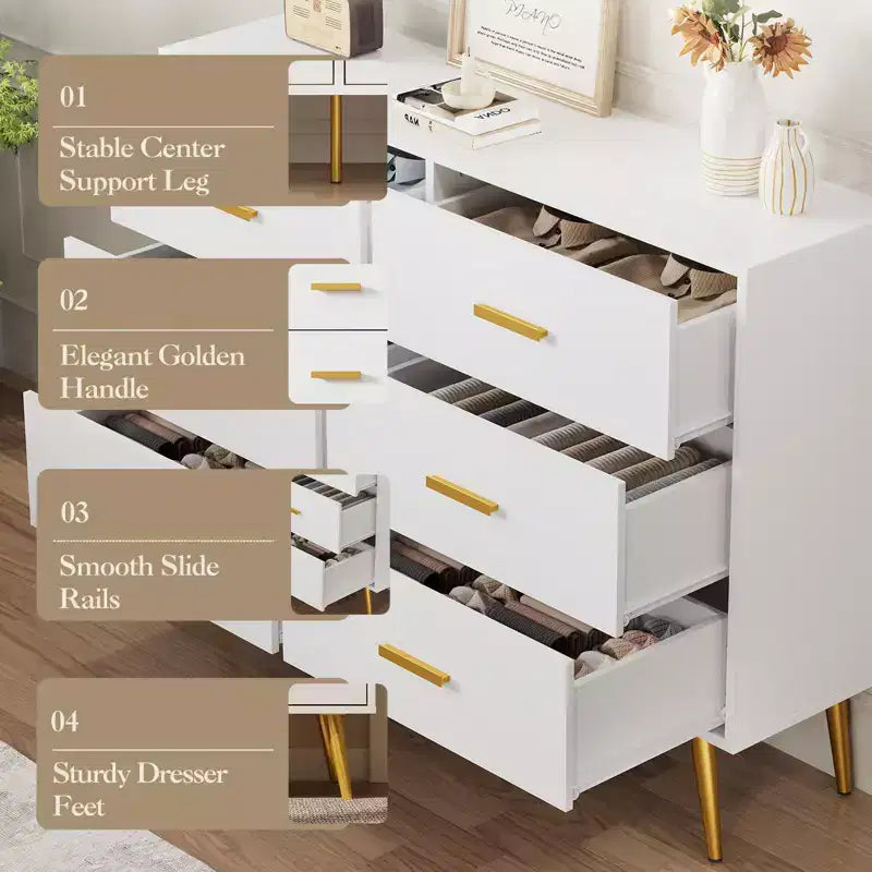Commode à 6 tiroirs, commode de chambre en bois moderne avec tiroirs de rangement, meuble TV de style ferme pour salon, chambre, couloir, blanc