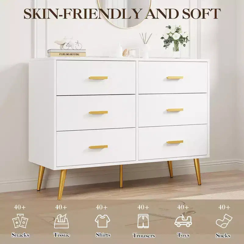 Commode à 6 tiroirs, commode de chambre en bois moderne avec tiroirs de rangement, meuble TV de style ferme pour salon, chambre, couloir, blanc