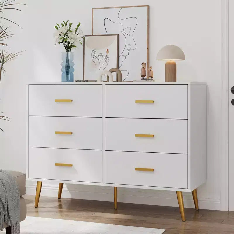 Commode à 6 tiroirs, commode de chambre en bois moderne avec tiroirs de rangement, meuble TV de style ferme pour salon, chambre, couloir, blanc