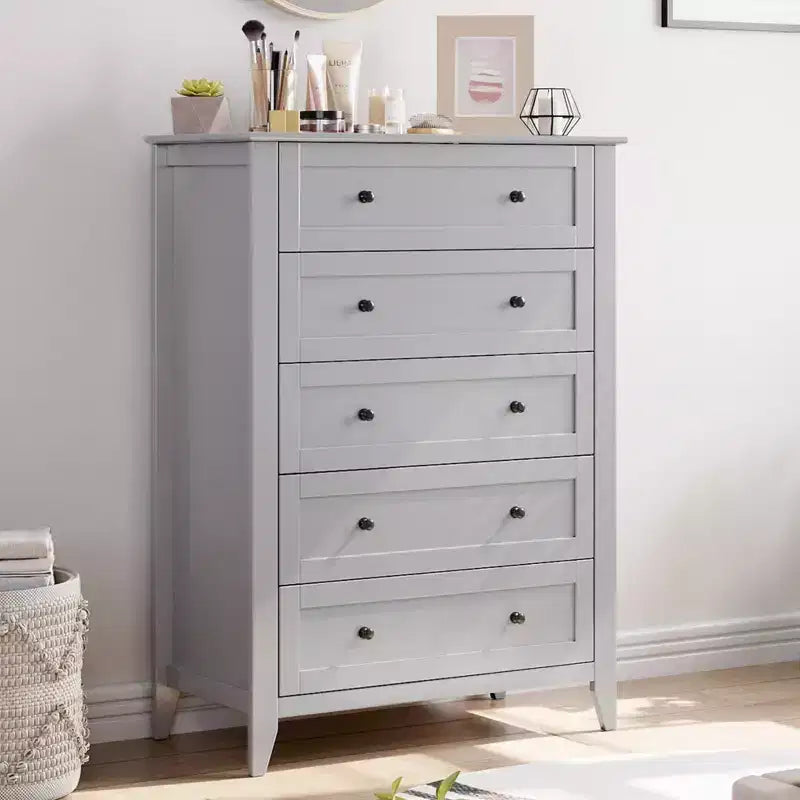 Commode 5 tiroirs pour chambre à coucher, chiffonnier en bois style ferme pour vêtements, grande commode de rangement avec poignées dorées et tiroirs profonds