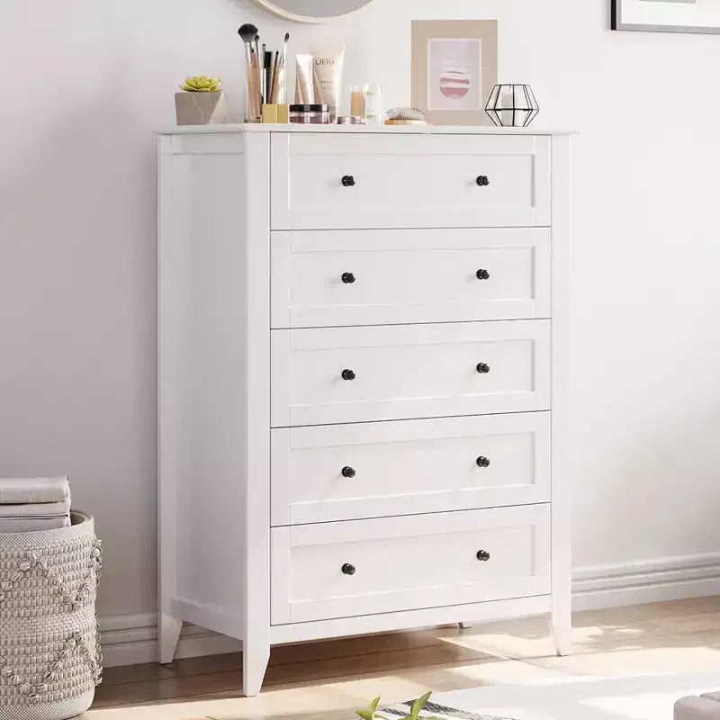 Commode 5 tiroirs pour chambre à coucher, chiffonnier en bois style ferme pour vêtements, grande commode de rangement avec poignées dorées et tiroirs profonds