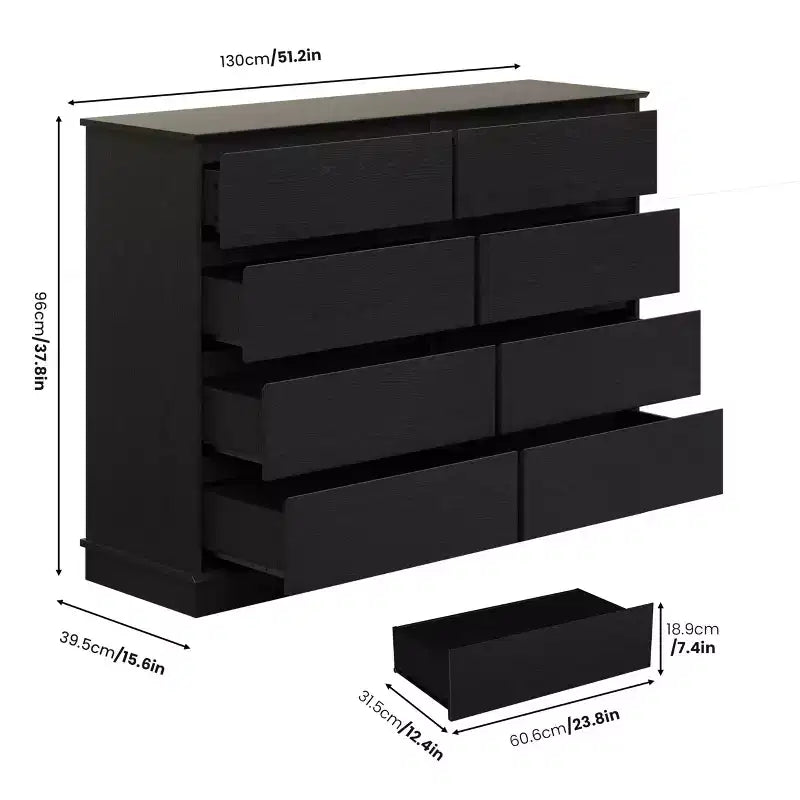 Commode à 8 tiroirs pour chambre à coucher, commode avec tiroirs profonds, grande commode double pour placard avec plateau large, commode horizontale en bois