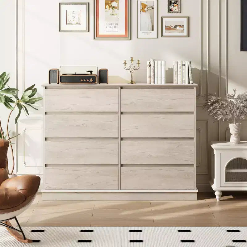 Commode à 8 tiroirs pour chambre à coucher, commode avec tiroirs profonds, grande commode double pour placard avec plateau large, commode horizontale en bois