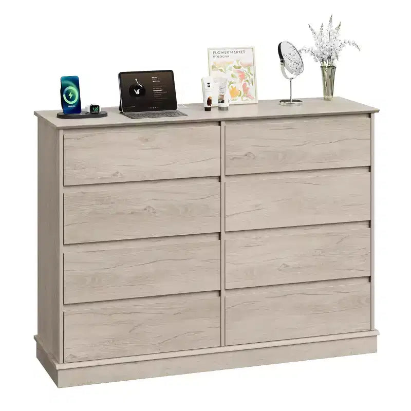 Commode à 8 tiroirs pour chambre à coucher, commode avec tiroirs profonds, grande commode double pour placard avec plateau large, commode horizontale en bois