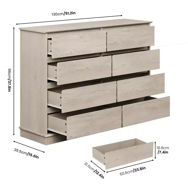 Commode à 8 tiroirs pour chambre à coucher, commode avec tiroirs profonds, grande commode double pour placard avec plateau large, commode horizontale en bois