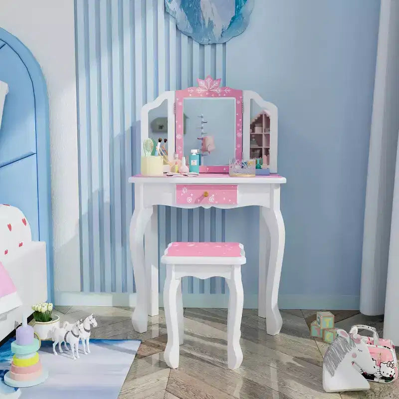 Coiffeuse JOYMOR pour enfants, table de maquillage princesse en bois avec tabouret, miroir triptyque, grand tiroir et pieds en bois massif, rose