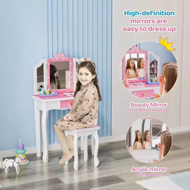Coiffeuse JOYMOR pour enfants, table de maquillage princesse en bois avec tabouret, miroir triptyque, grand tiroir et pieds en bois massif, rose