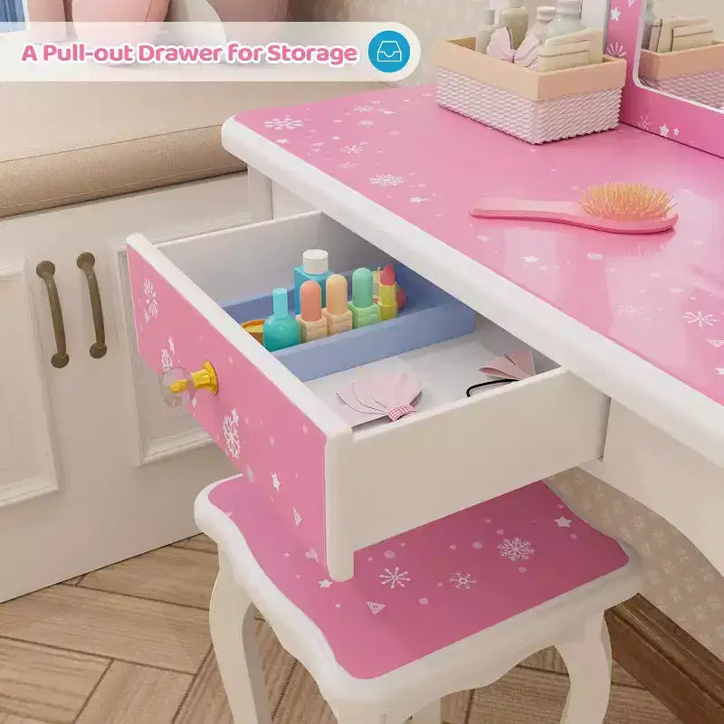Coiffeuse JOYMOR pour enfants, table de maquillage princesse en bois avec tabouret, miroir triptyque, grand tiroir et pieds en bois massif, rose