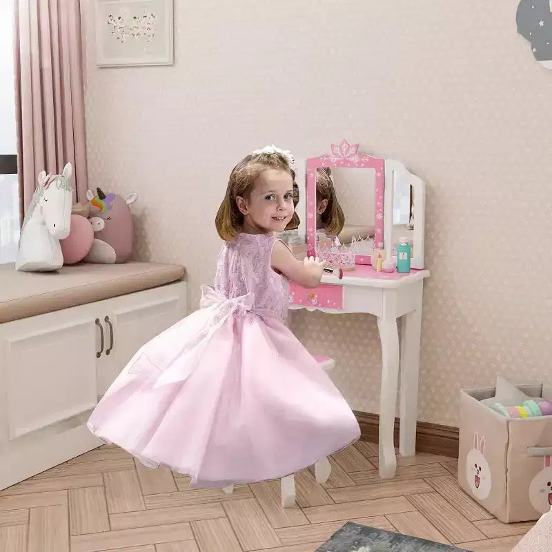 Coiffeuse JOYMOR pour enfants, table de maquillage princesse en bois avec tabouret, miroir triptyque, grand tiroir et pieds en bois massif, rose