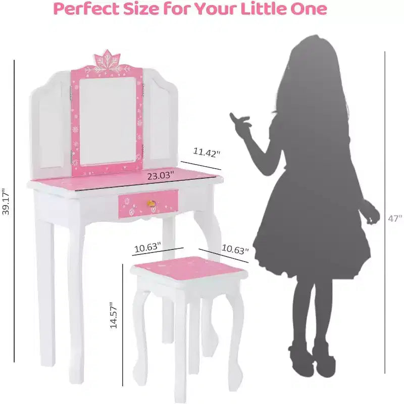 Coiffeuse JOYMOR pour enfants, table de maquillage princesse en bois avec tabouret, miroir triptyque, grand tiroir et pieds en bois massif, rose