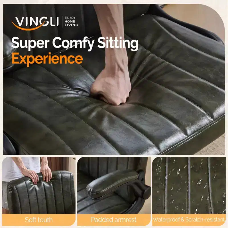 VINGLI Chaise Criss-Cross avec accoudoirs relevables réglables, chaise à pieds croisés avec roulettes, chaise de bureau extra large, cuir PU, vert foncé