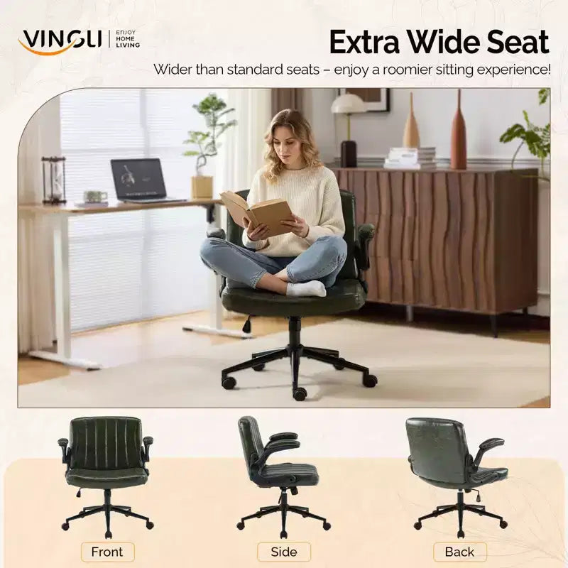 VINGLI Chaise Criss-Cross avec accoudoirs relevables réglables, chaise à pieds croisés avec roulettes, chaise de bureau extra large, cuir PU, vert foncé