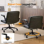 VINGLI Chaise Criss-Cross avec accoudoirs relevables réglables, chaise à pieds croisés avec roulettes, chaise de bureau extra large, cuir PU, vert foncé