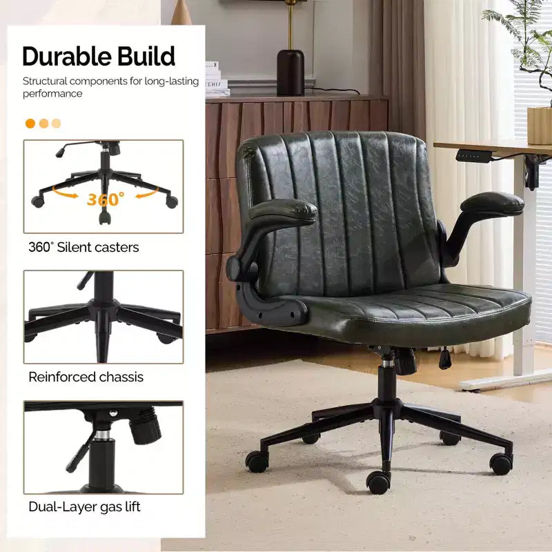 VINGLI Chaise Criss-Cross avec accoudoirs relevables réglables, chaise à pieds croisés avec roulettes, chaise de bureau extra large, cuir PU, vert foncé