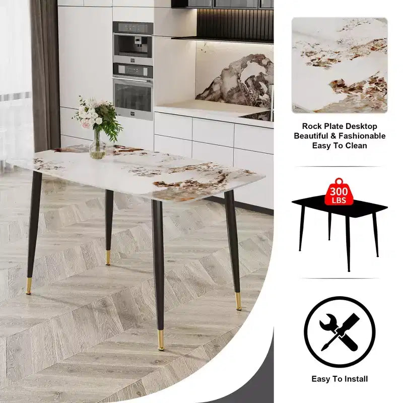 Okak Table à manger rectangulaire moderne 50IN, table de cuisine avec plateau en pierre frittée, table à manger pour salon, cuisine, blanc