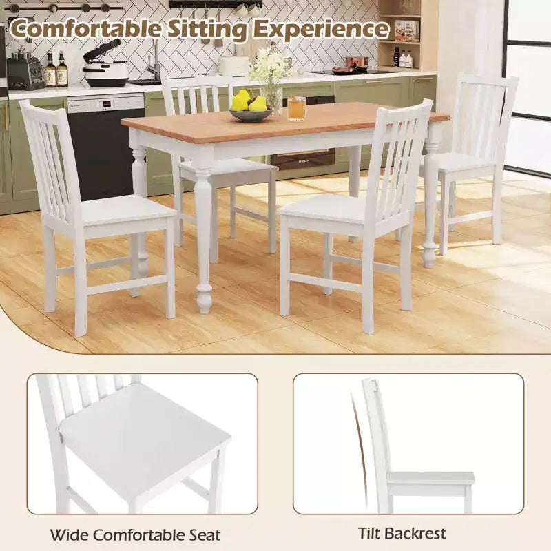 Lot de 4 chaises de salle à manger rustiques Costway avec dossier inclinable à lattes, assise large, pieds en bois d'hévéa, Noir/Blanc