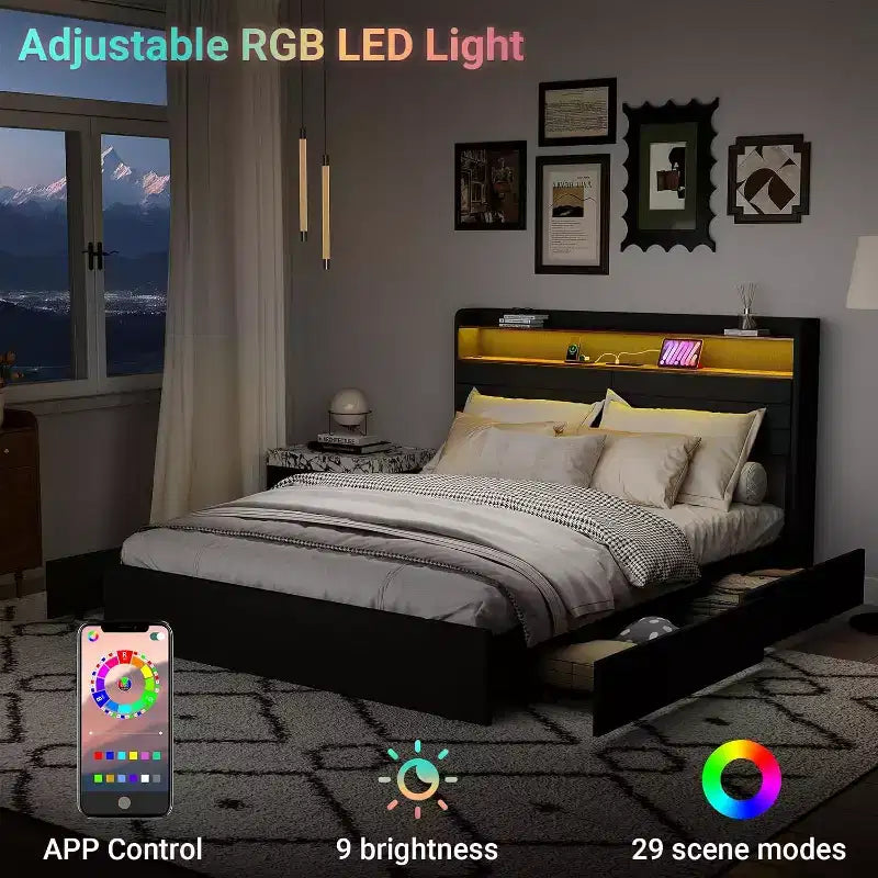 Cadre de Lit Queen Zevemomo avec 4 Tiroirs de Rangement, Cadre de Lit Capitellé Taille Queen avec Tête de Lit, LED, Support Robuste à Lattes Métalliques, Silencieux, Gris