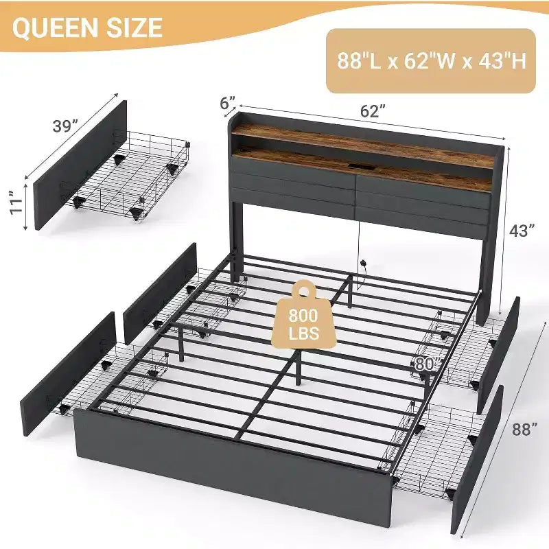 Cadre de Lit Queen Zevemomo avec 4 Tiroirs de Rangement, Cadre de Lit Capitellé Taille Queen avec Tête de Lit, LED, Support Robuste à Lattes Métalliques, Silencieux, Gris