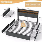 Cadre de Lit Queen Zevemomo avec 4 Tiroirs de Rangement, Cadre de Lit Capitellé Taille Queen avec Tête de Lit, LED, Support Robuste à Lattes Métalliques, Silencieux, Gris