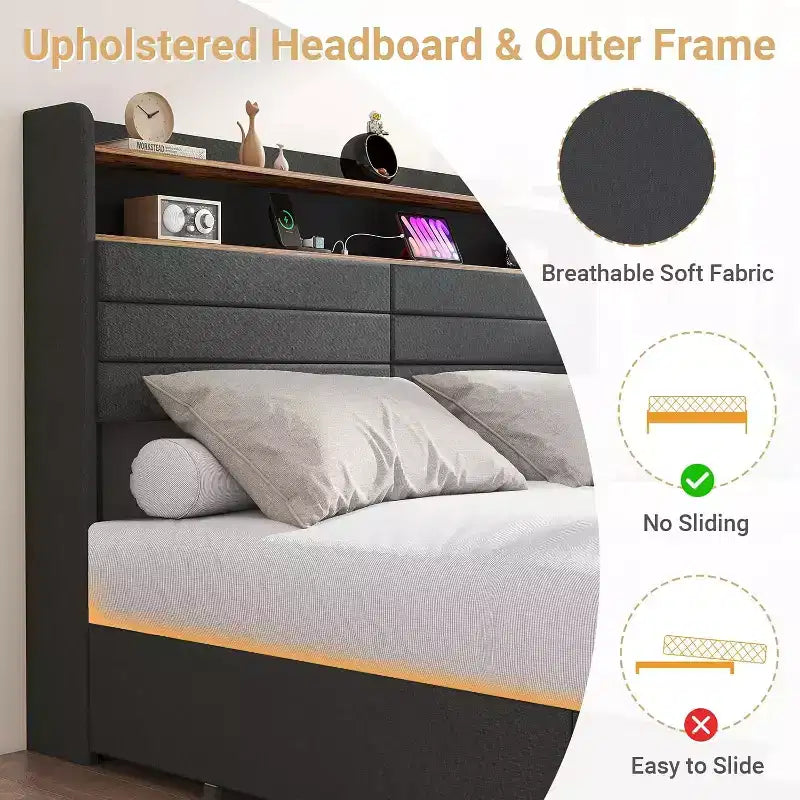 Cadre de Lit Queen Zevemomo avec 4 Tiroirs de Rangement, Cadre de Lit Capitellé Taille Queen avec Tête de Lit, LED, Support Robuste à Lattes Métalliques, Silencieux, Gris
