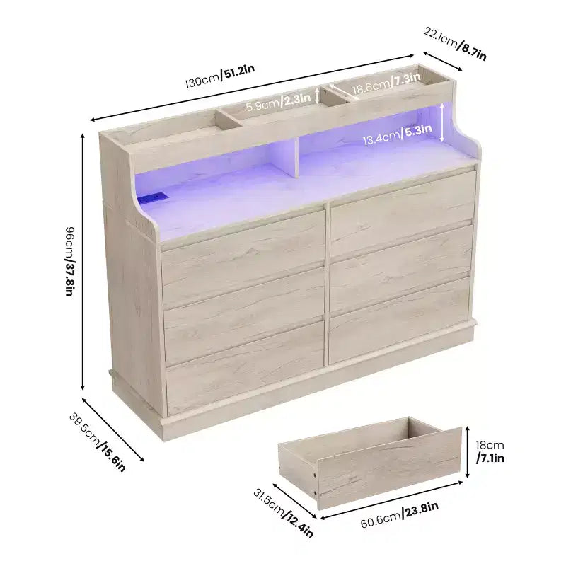 Commode en chêne pour chambre à coucher avec 6 tiroirs, commode moderne avec lumières LED et station de charge, armoire de rangement spacieuse pour salon ou couloir