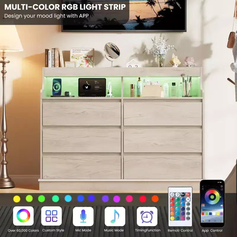 Commode en chêne pour chambre à coucher avec 6 tiroirs, commode moderne avec lumières LED et station de charge, armoire de rangement spacieuse pour salon ou couloir