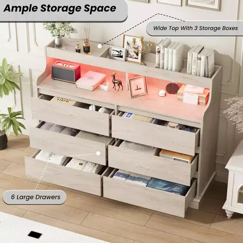 Commode en chêne pour chambre à coucher avec 6 tiroirs, commode moderne avec lumières LED et station de charge, armoire de rangement spacieuse pour salon ou couloir