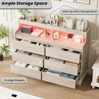 Commode en chêne pour chambre à coucher avec 6 tiroirs, commode moderne avec lumières LED et station de charge, armoire de rangement spacieuse pour salon ou couloir