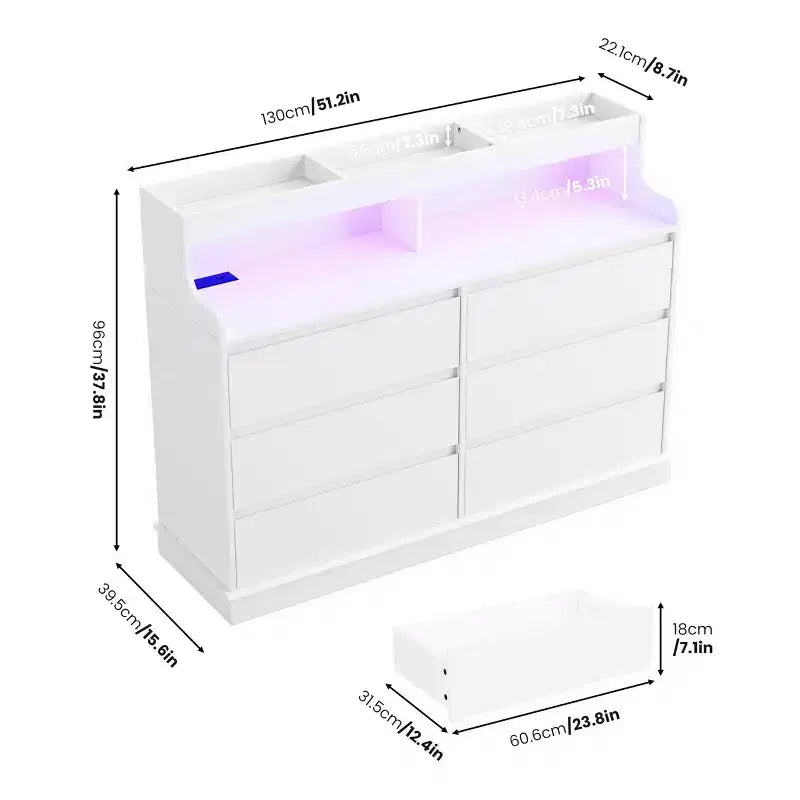 Commode en chêne pour chambre à coucher avec 6 tiroirs, commode moderne avec lumières LED et station de charge, armoire de rangement spacieuse pour salon ou couloir