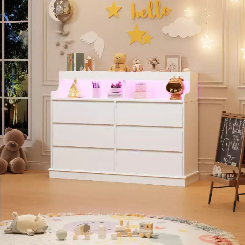 Commode en chêne pour chambre à coucher avec 6 tiroirs, commode moderne avec lumières LED et station de charge, armoire de rangement spacieuse pour salon ou couloir