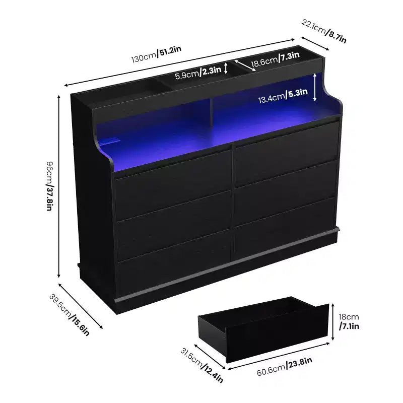 Commode en chêne pour chambre à coucher avec 6 tiroirs, commode moderne avec lumières LED et station de charge, armoire de rangement spacieuse pour salon ou couloir