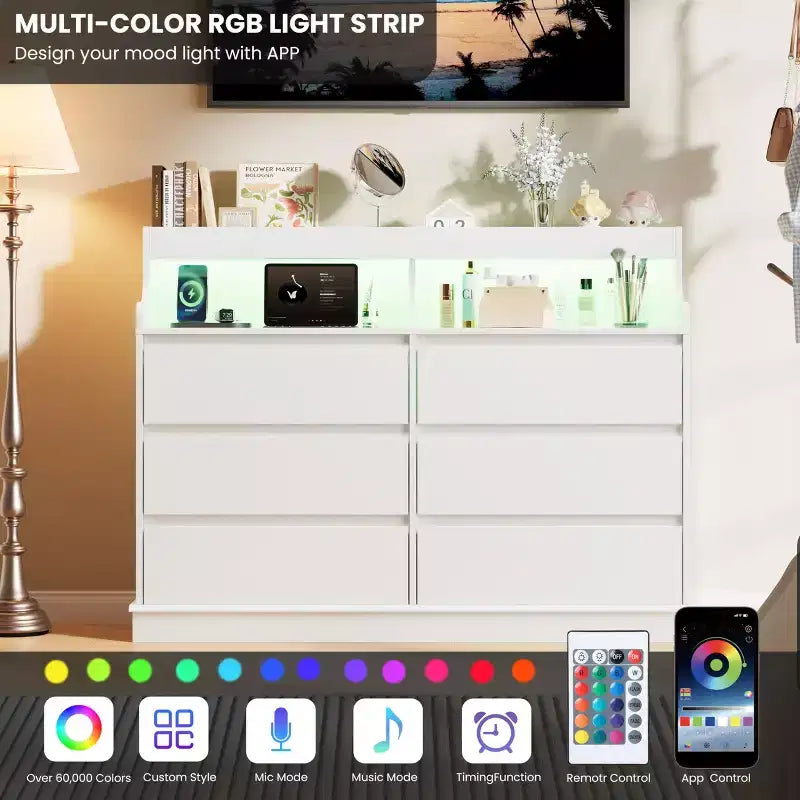 Commode en chêne pour chambre à coucher avec 6 tiroirs, commode moderne avec lumières LED et station de charge, armoire de rangement spacieuse pour salon ou couloir